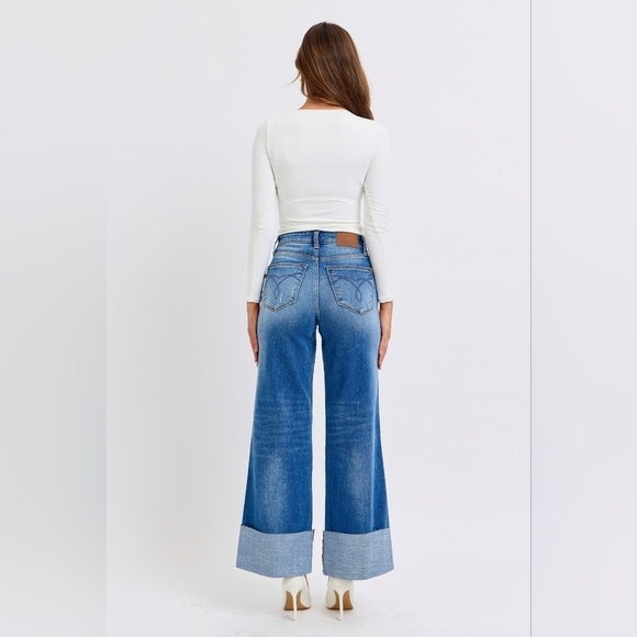 Judy Blue High Rise Medium Wash Cuffed Wide Leg Jeans Retro Regular Plus NEW - Picture 10 of 15